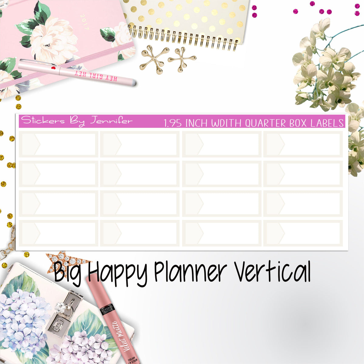 1.95 inch Width Quarter Box Labels 003 for Big Happy Planner Vertical Planner Stickers