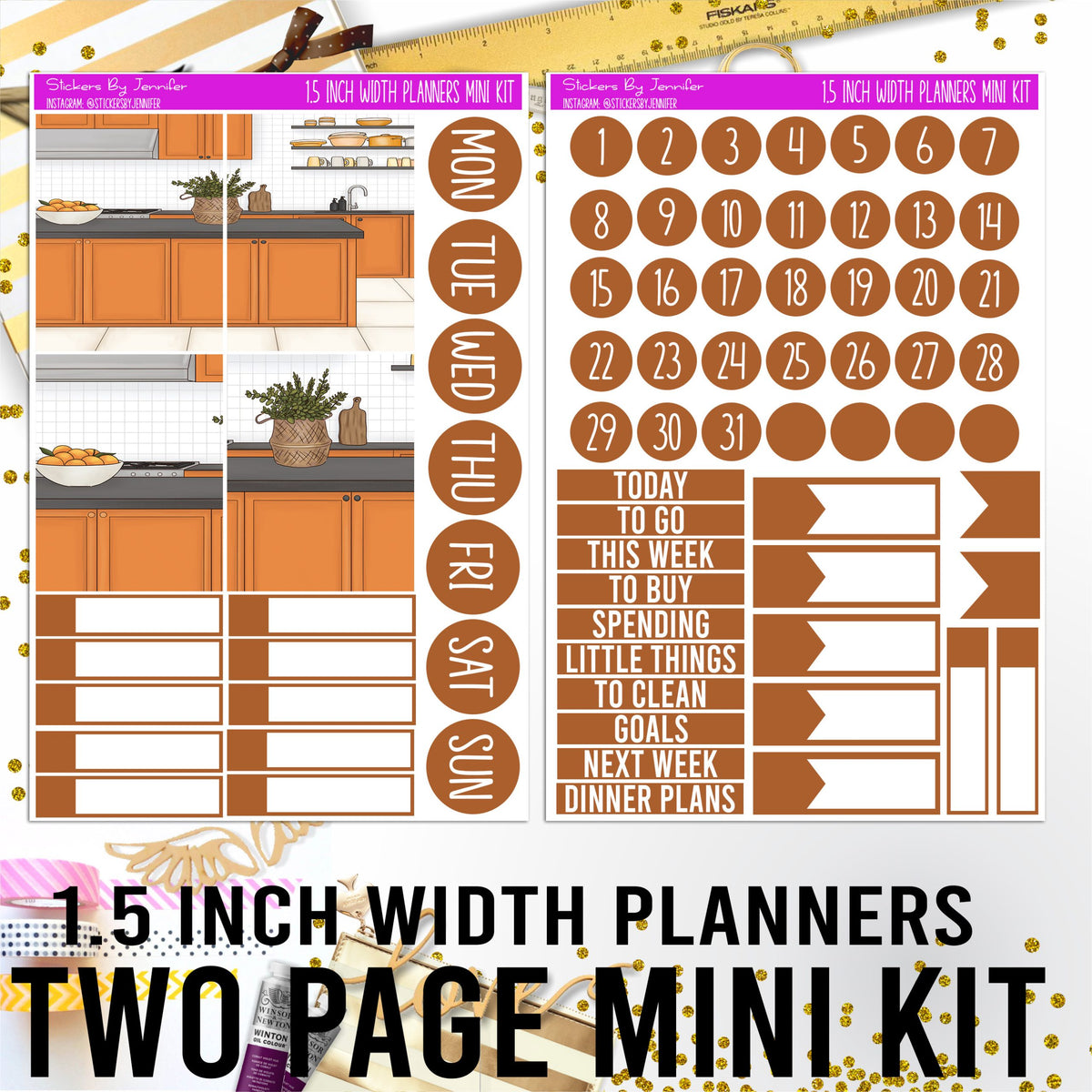 Two Page 1.5 Inch Width Mini Kit 010 Planner Stickers, Bullet Journal Stickers, Functional Planner Stickers, Stationary Stickers