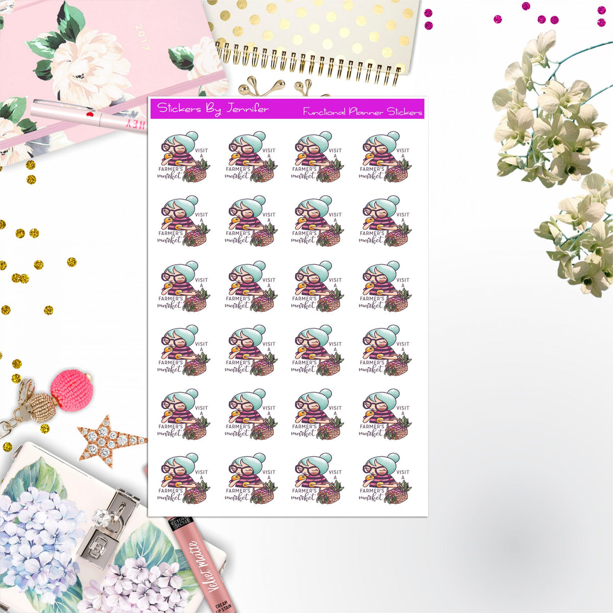 Farmer's Market Character Girl Stickers, Planner Stickers, Journal Stickers, Functional Planner Stickers, Stationary Stickers