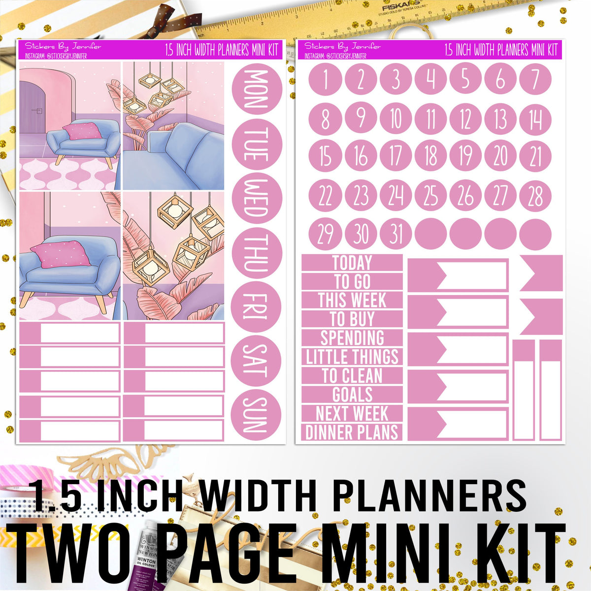 Two Page 1.5 Inch Width Mini Kit 012 Planner Stickers, Bullet Journal Stickers, Functional Planner Stickers, Stationary Stickers