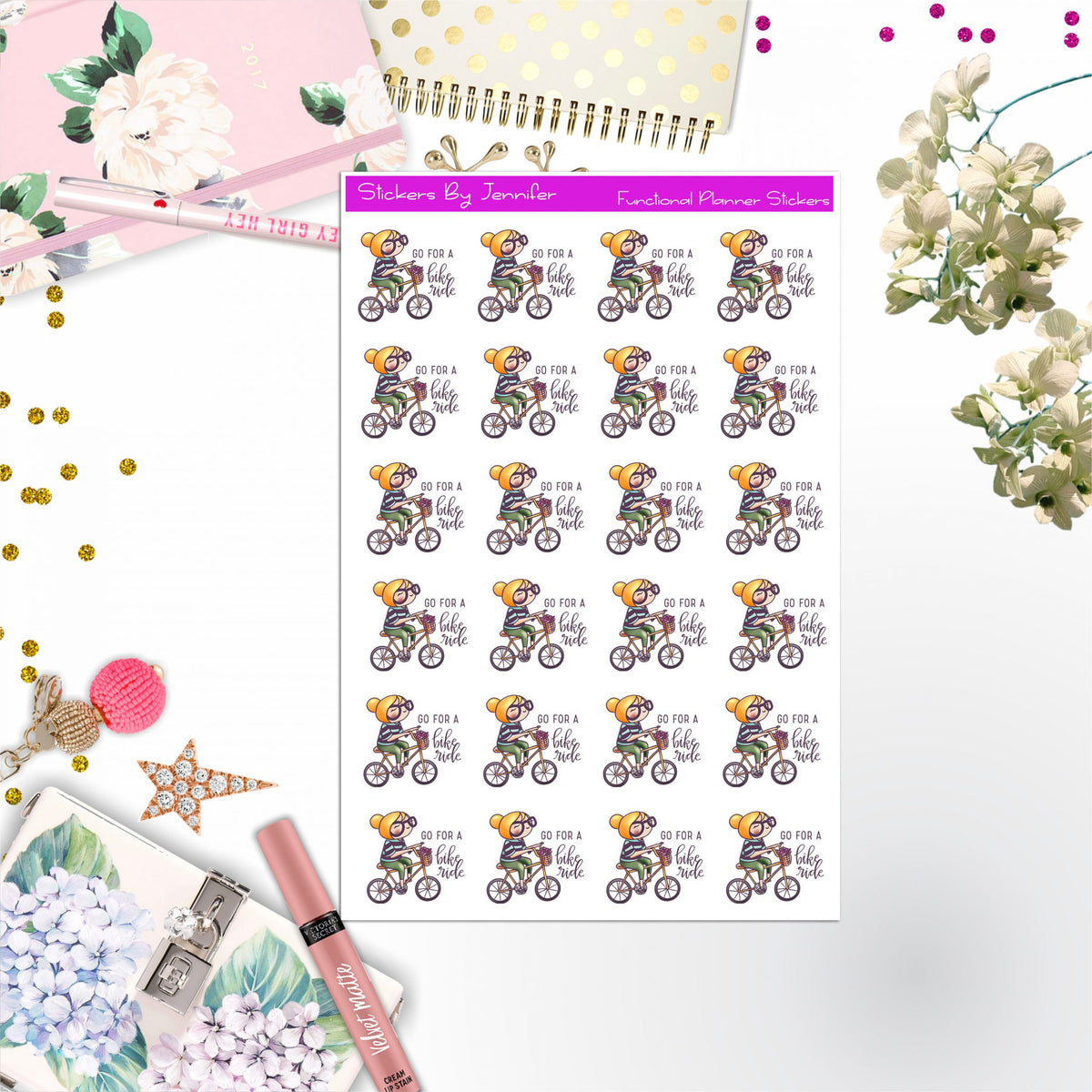 Bike Ride Character Girl Stickers, Planner Stickers, Journal Stickers, Functional Planner Stickers, Stationary Stickers