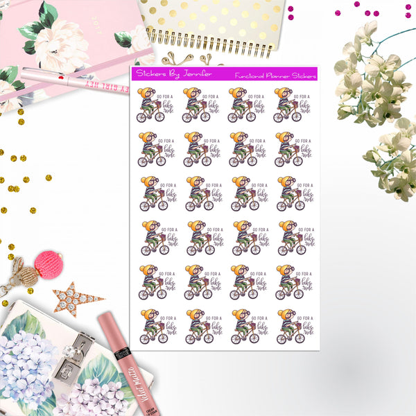 Bike Ride Character Girl Stickers, Planner Stickers, Journal Stickers, Functional Planner Stickers, Stationary Stickers