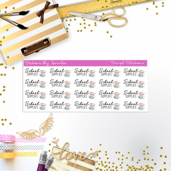 School Supplies Script Stickers, Typography Stickers, Planner Stickers