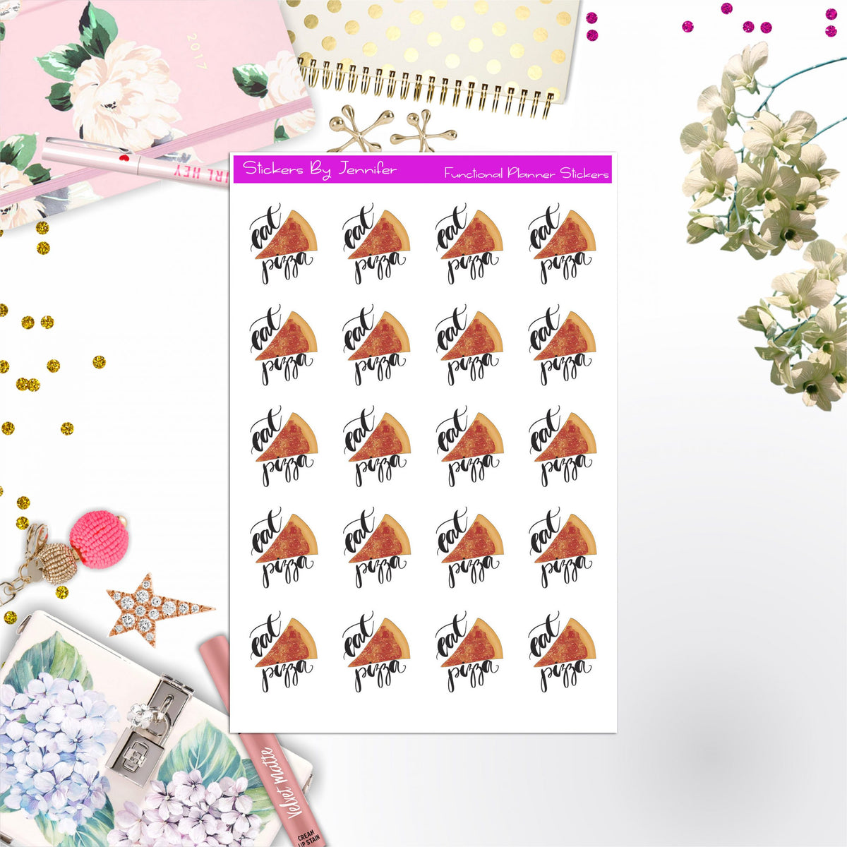 Eat Pizza Icon Stickers, Bullet Journal Stickers, Functional Planner Stickers, Stationary Stickers