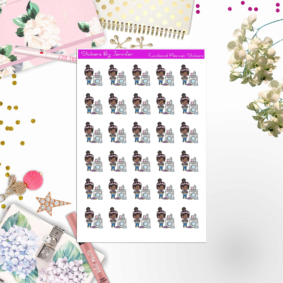 Laundry Girl Planner Stickers, Bullet Journal Stickers, Functional Planner Stickers, Stationary Stickers
