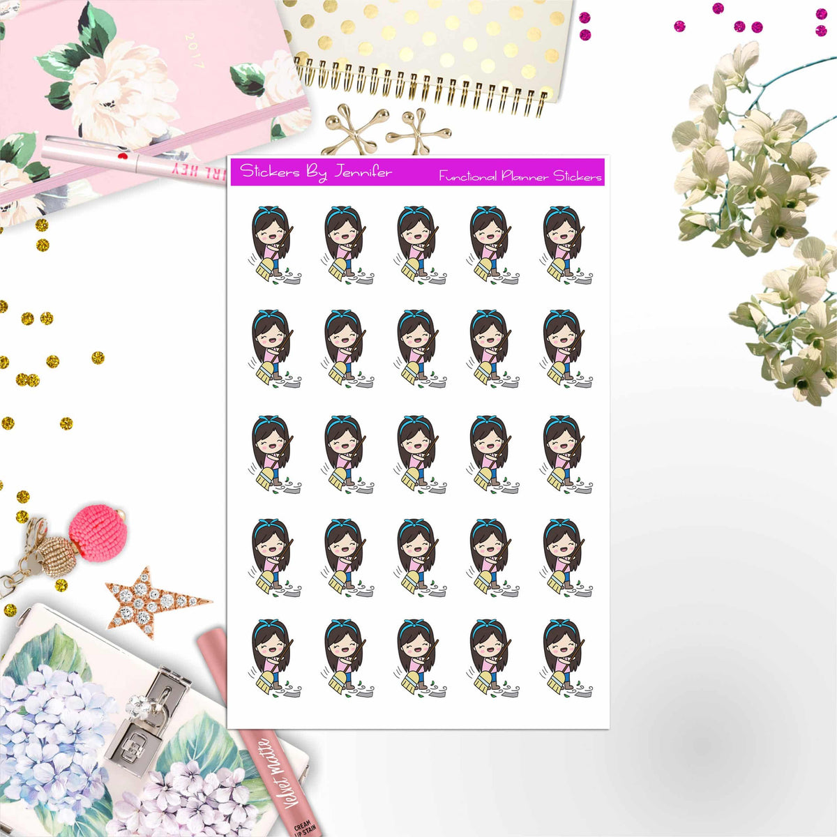 Cleaning Girl Planner Stickers, Bullet Journal Stickers, Functional Planner Stickers, Stationary Stickers