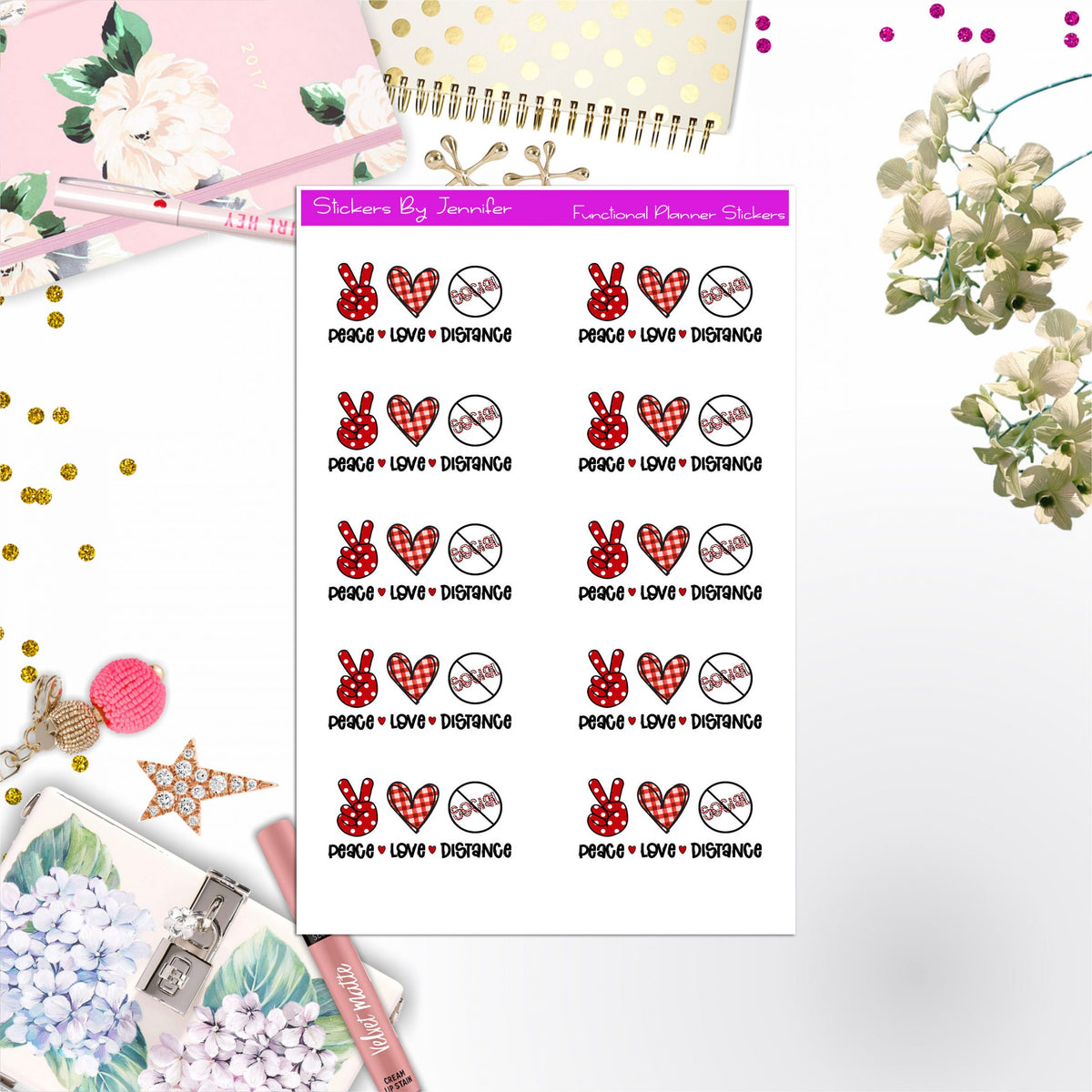 Peace Love Social Distancing Icon Stickers, Bullet Journal Stickers, Functional Planner Stickers, Stationary Stickers