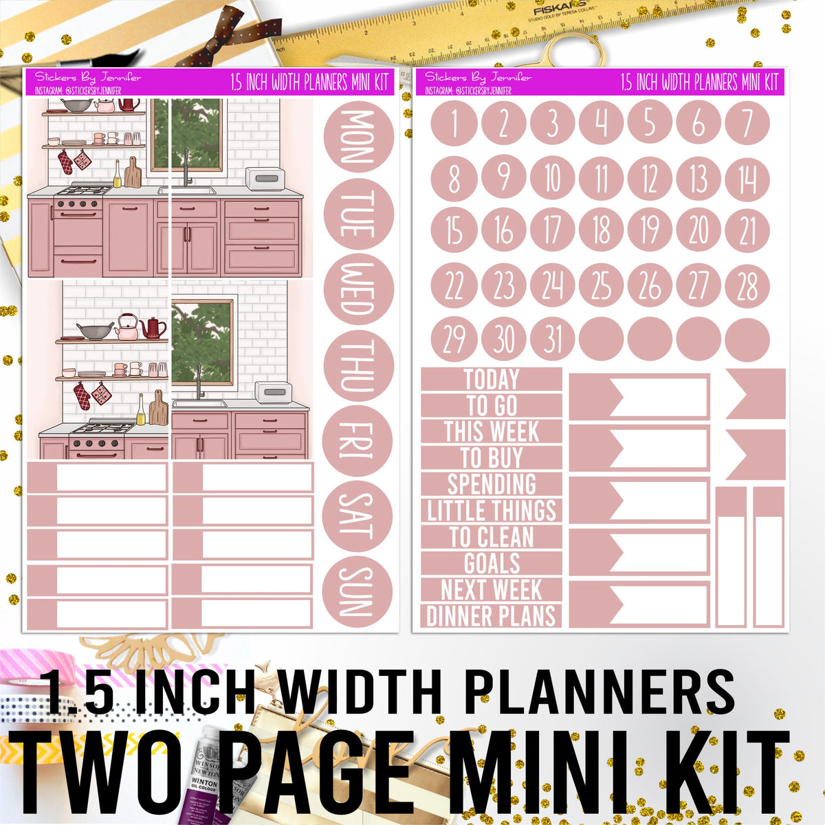 Two Page 1.5 Inch Width Mini Kit 005 Planner Stickers, Bullet Journal Stickers, Functional Planner Stickers, Stationary Stickers