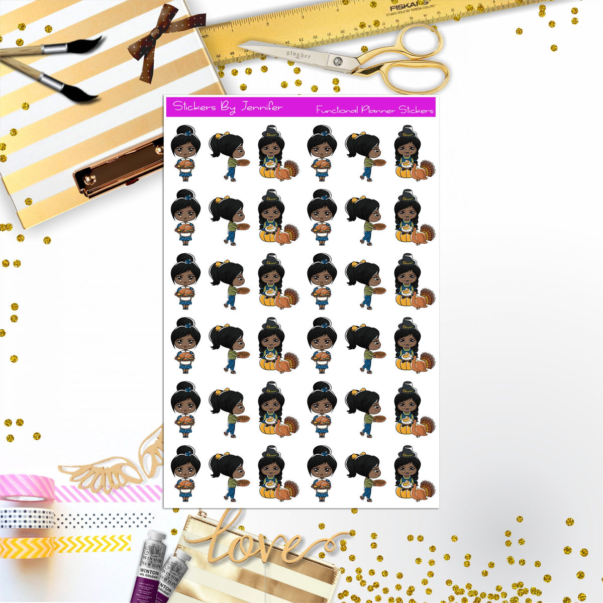 Thanksgiving 006 Character Girl Stickers, Planner Stickers, Journal Stickers, Functional Planner Stickers, Stationary Stickers