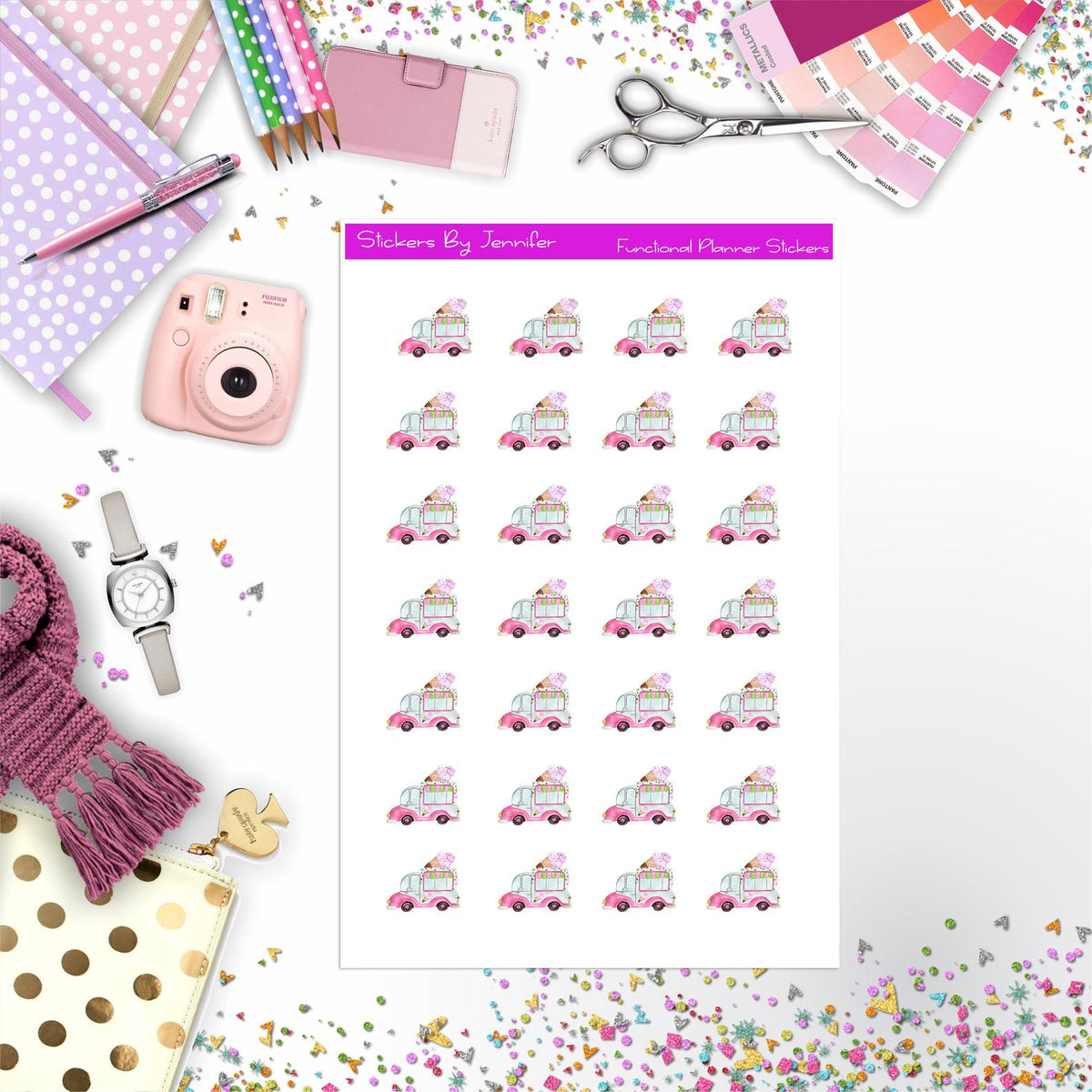 Ice Cream Truck Planner Stickers, Bullet Journal Stickers, Functional Planner Stickers, Stationary Stickers