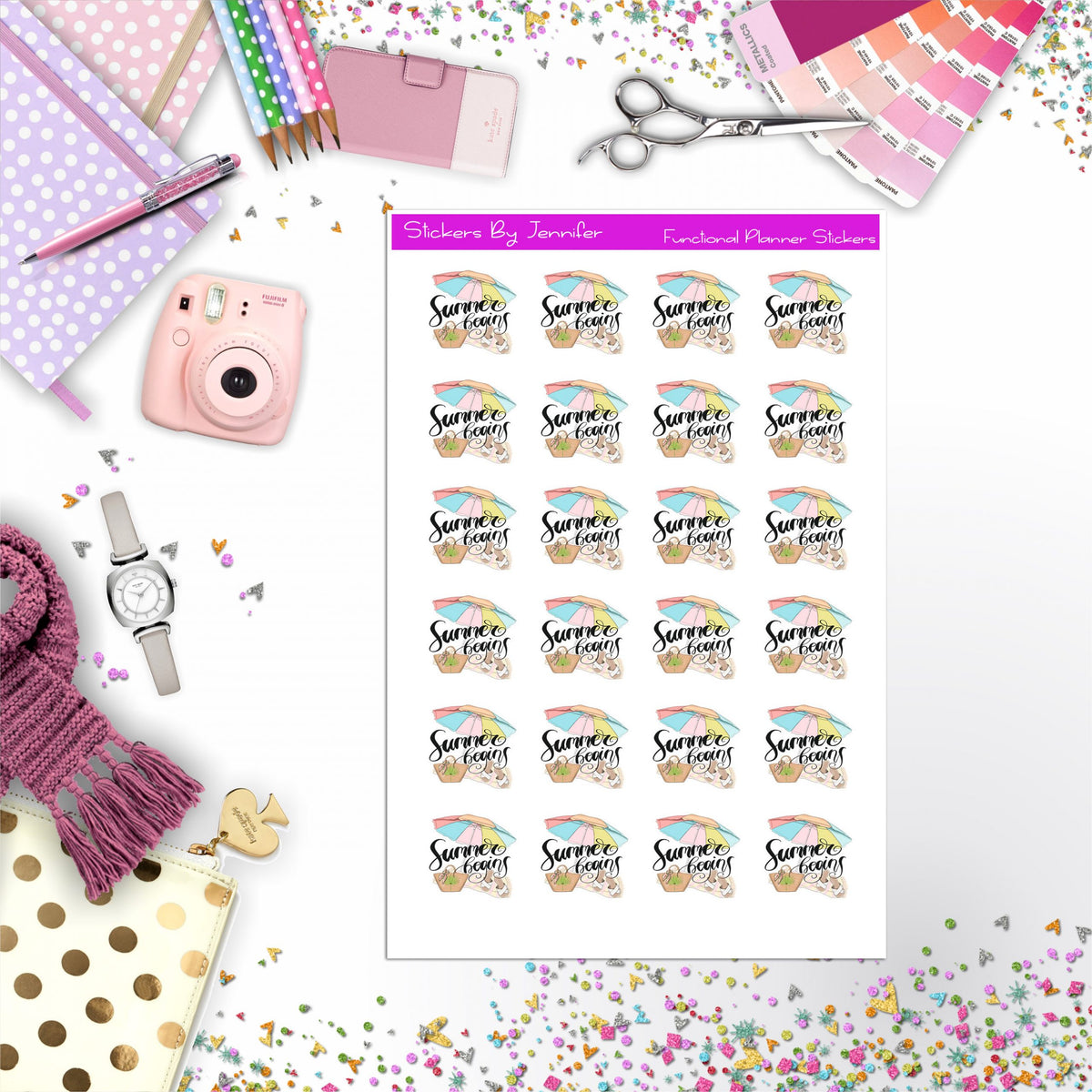 Summer Begins Icon Planner Stickers, Bullet Journal Stickers, Functional Planner Stickers, Stationary Stickers