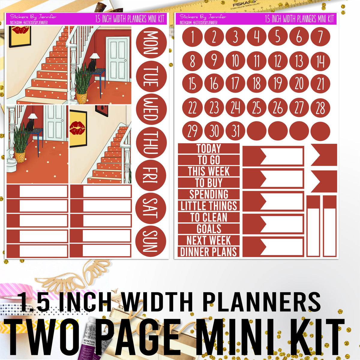 Two Page 1.5 Inch Width Mini Kit 007 Planner Stickers, Bullet Journal Stickers, Functional Planner Stickers, Stationary Stickers