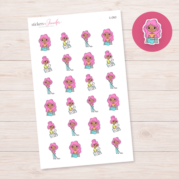 Home Chores Character Planner Stickers — Black pink-haired | C-050