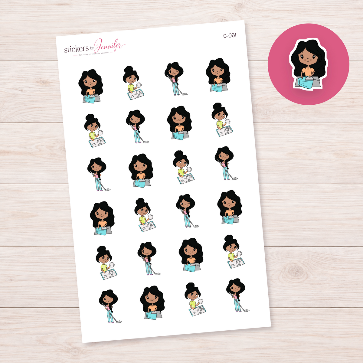 Home Chores Character Planner Stickers — Black black-haired | C-051