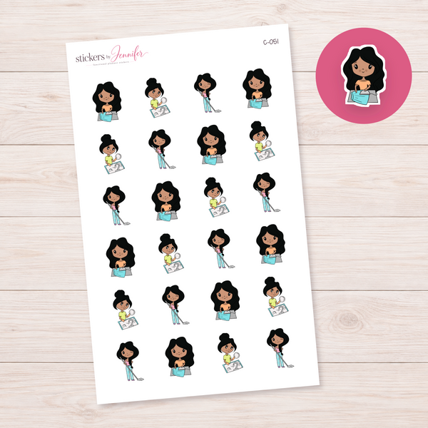 Home Chores Character Planner Stickers — Black black-haired | C-051