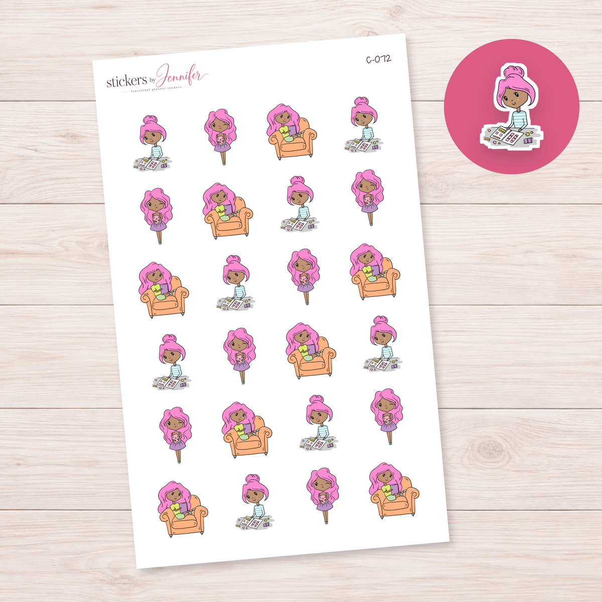 Planning and Relaxing Character Planner Stickers — Black pink-haired | C-072