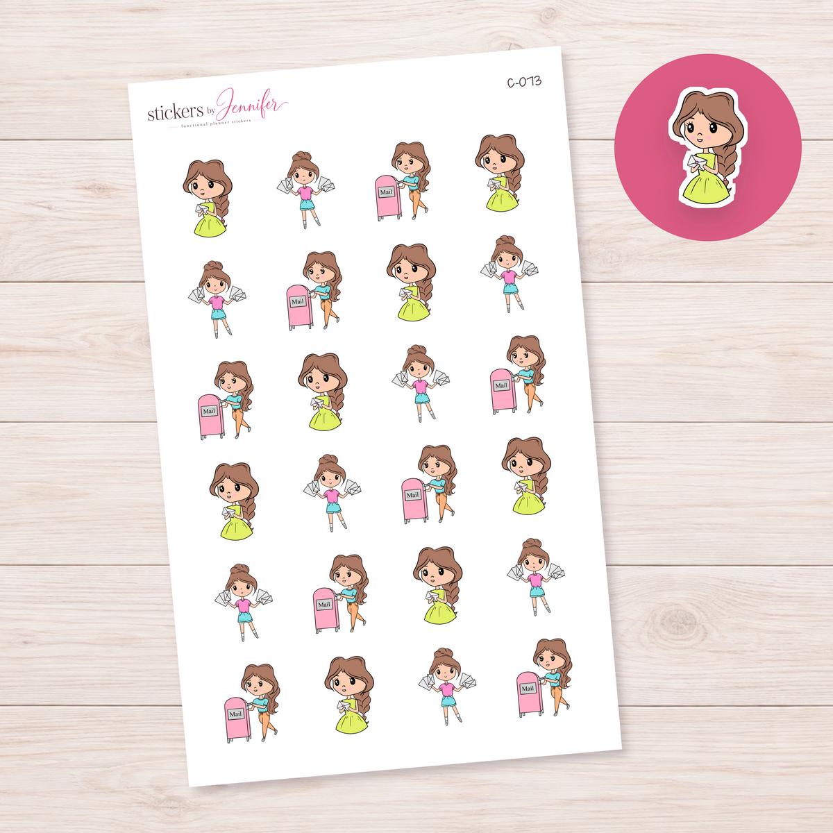 Happy Mail Errands Character Planner Stickers — light-skin brunette | C-073