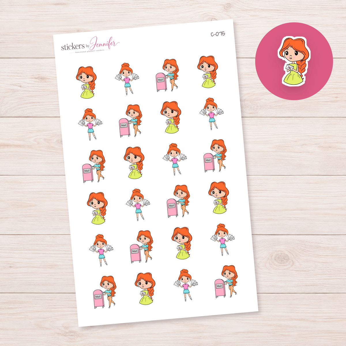 Happy Mail Errands Character Planner Stickers — light-skin red-haired | C-075