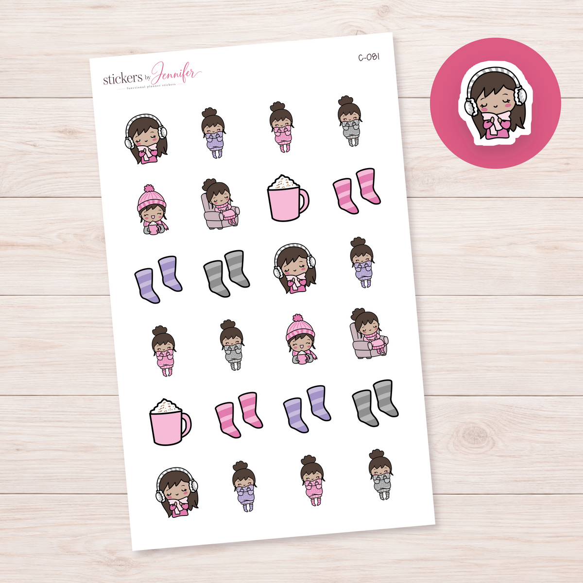 Cozy Day Character Planner Stickers — medium-skin brunette | C-081