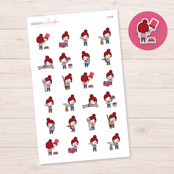 DIY and Home Repairs Character Planner Stickers — light-skin red-haired | C-091