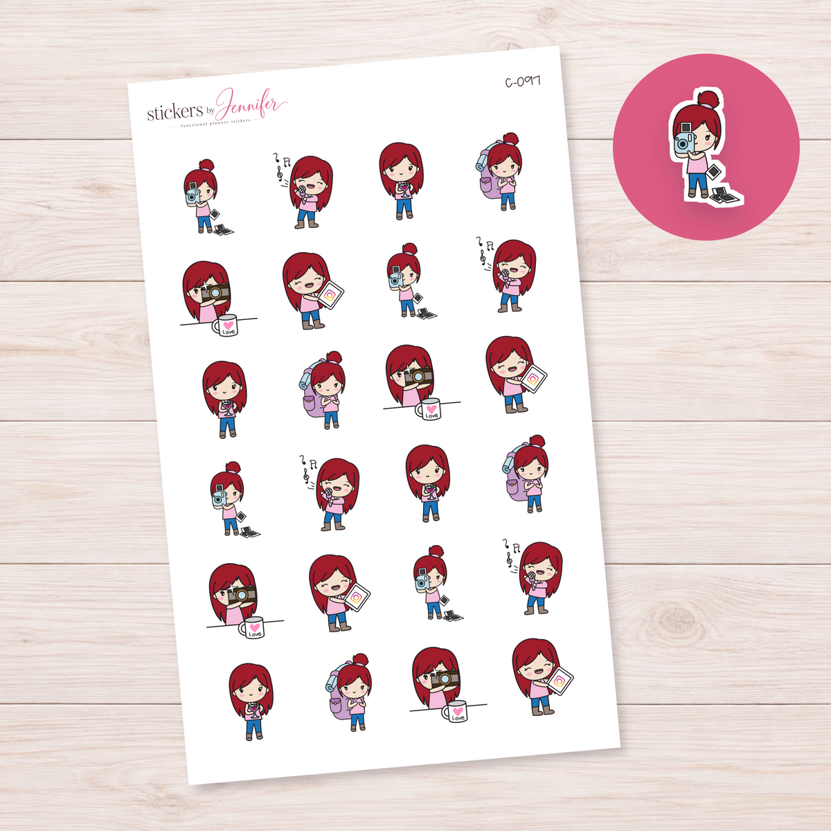 Everyday Chibi Activities Character Planner Stickers — light-skin red-haired | C-097