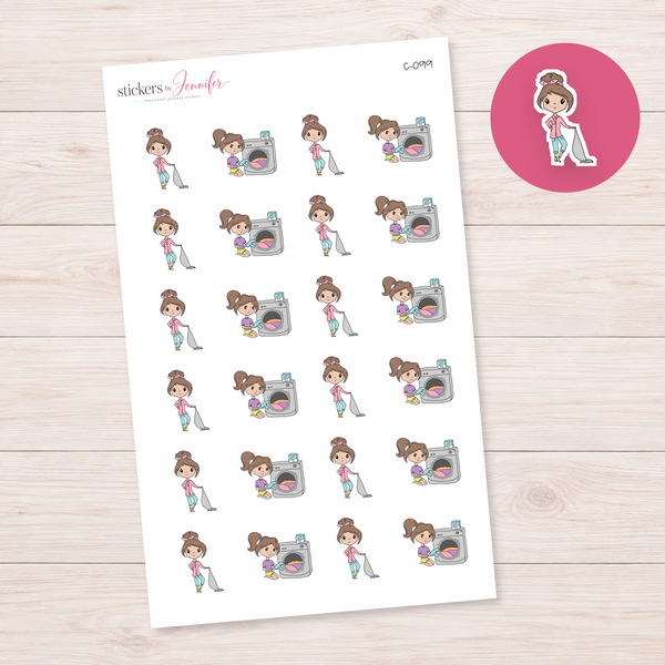 Laundry Day Character Planner Stickers — light-skin brunette | C-099