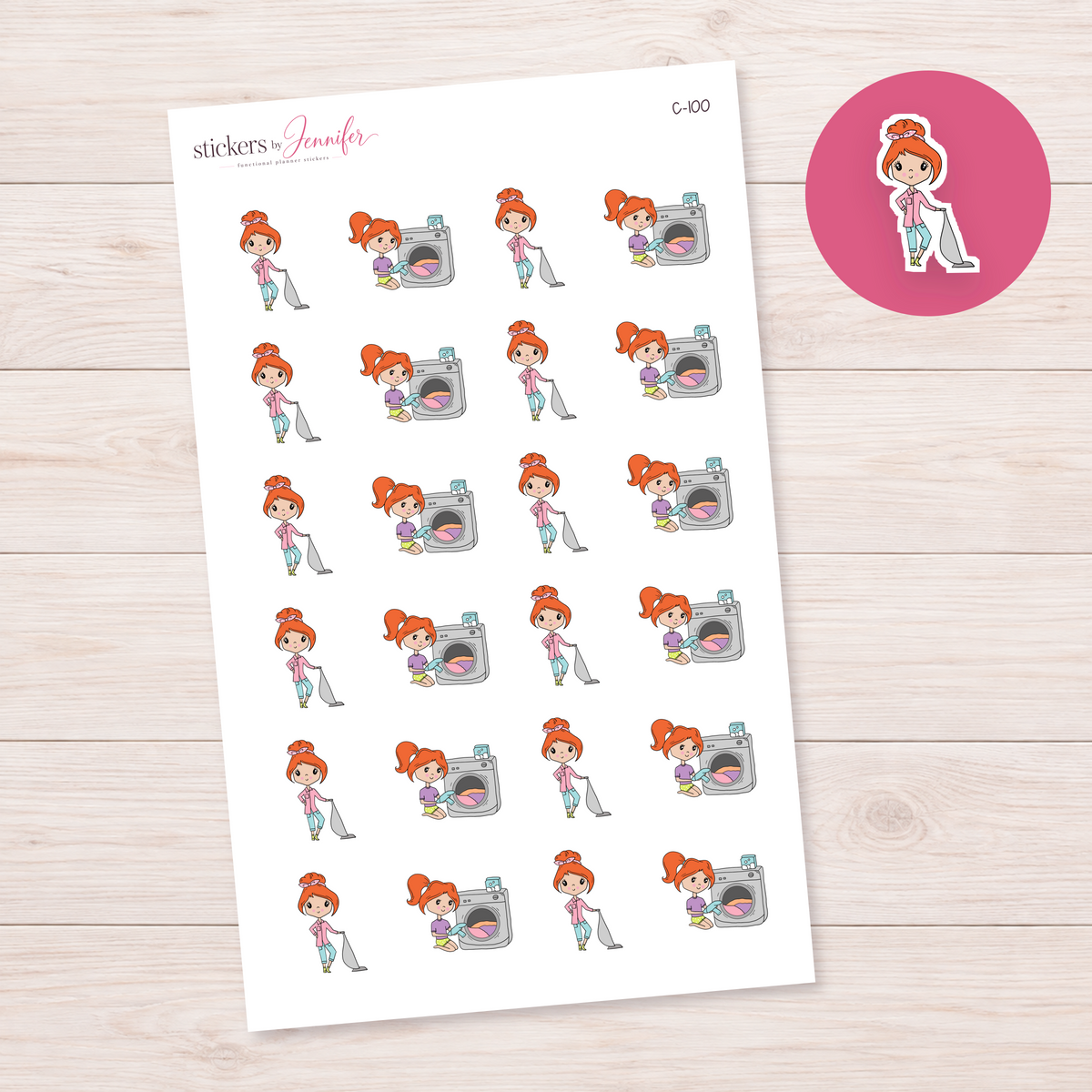 Laundry Day Character Planner Stickers — light-skin red-haired | C-100