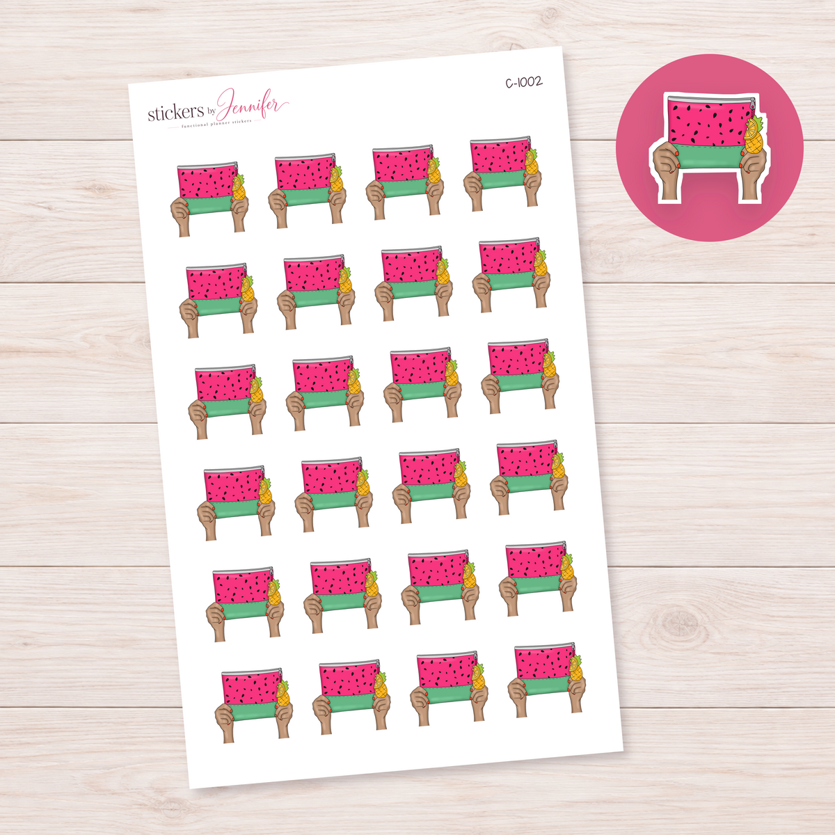 Watermelon Pouch in Hands — Tan Skin Planner Stickers | C-1002