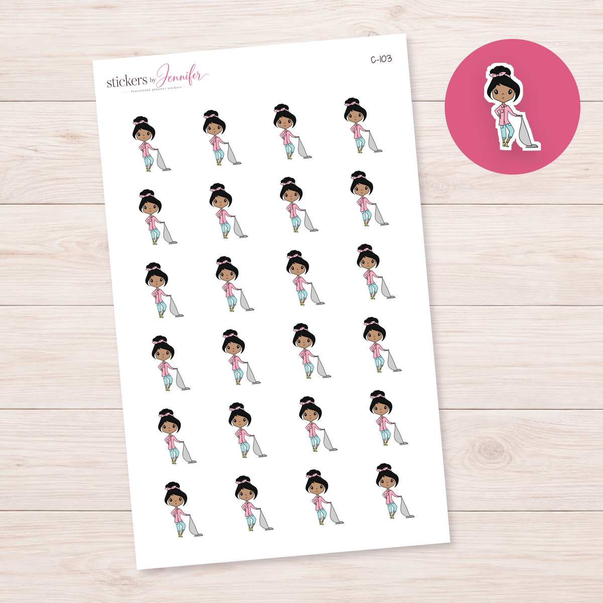 Vacuuming Character — Black Hair Planner Stickers | C-103