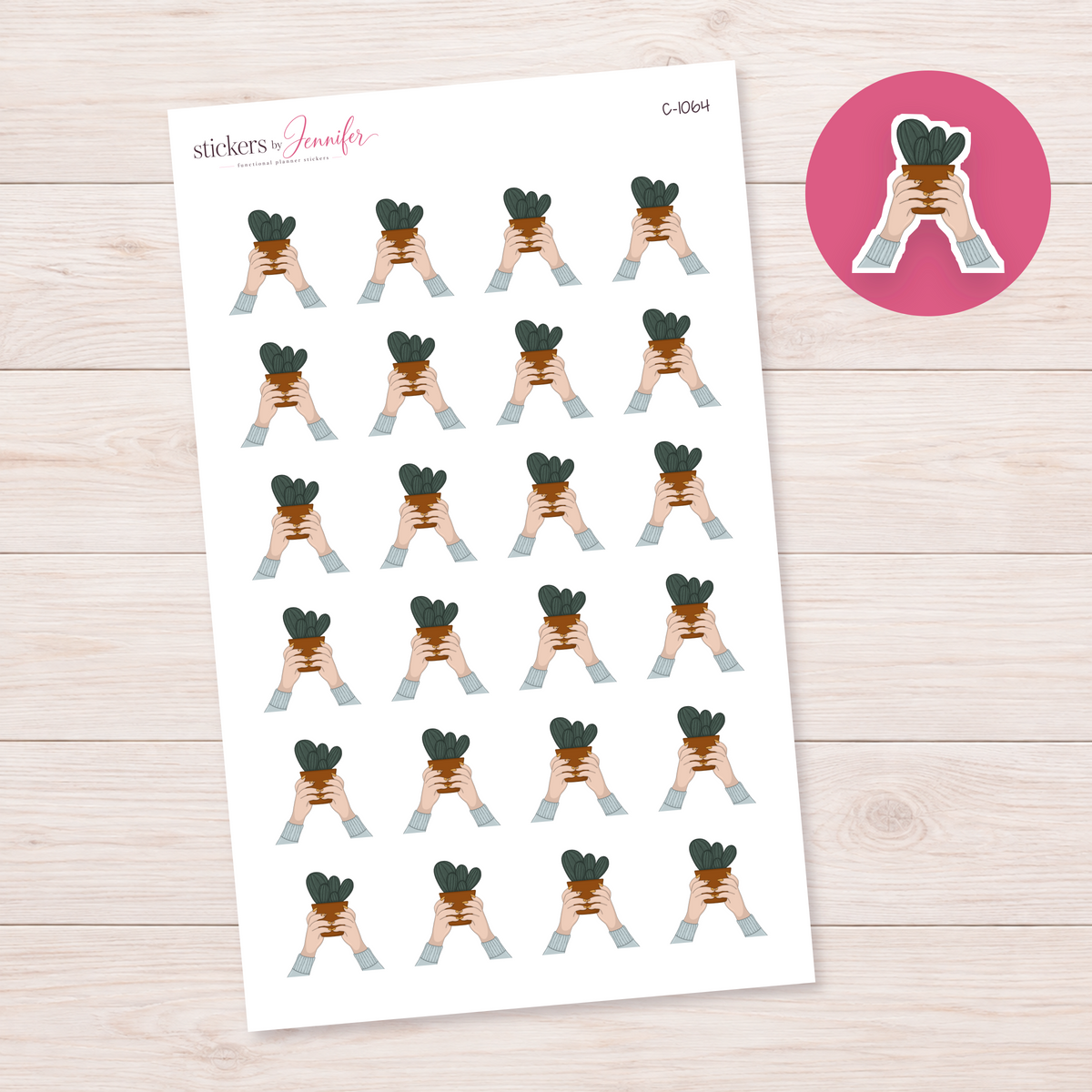 Potted Cactus Held Up Planner Stickers | C-1064