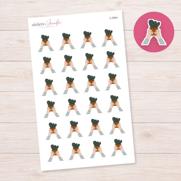 Potted Cactus Held Up Planner Stickers | C-1064