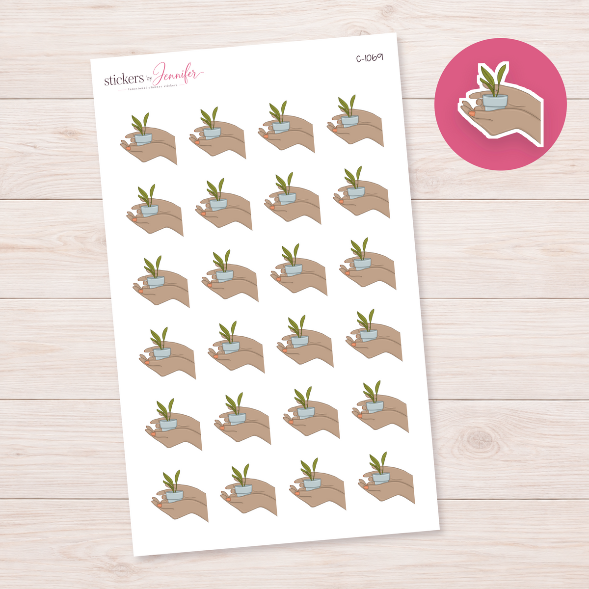 Tiny Green Plant in Hand — Tan Skin Planner Stickers | C-1069