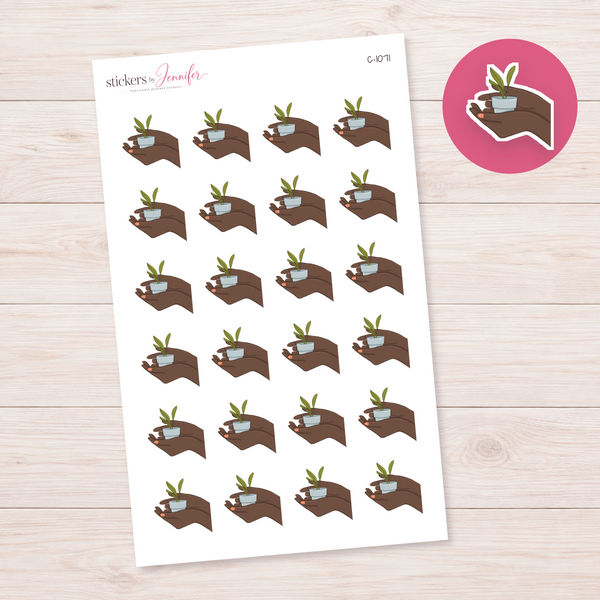 Tiny Green Plant in Hand — Brown Skin Planner Stickers | C-1071