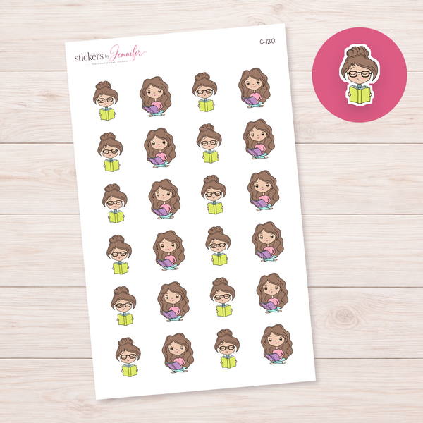 Reading Time Character Planner Stickers — light-skin brunette | C-120