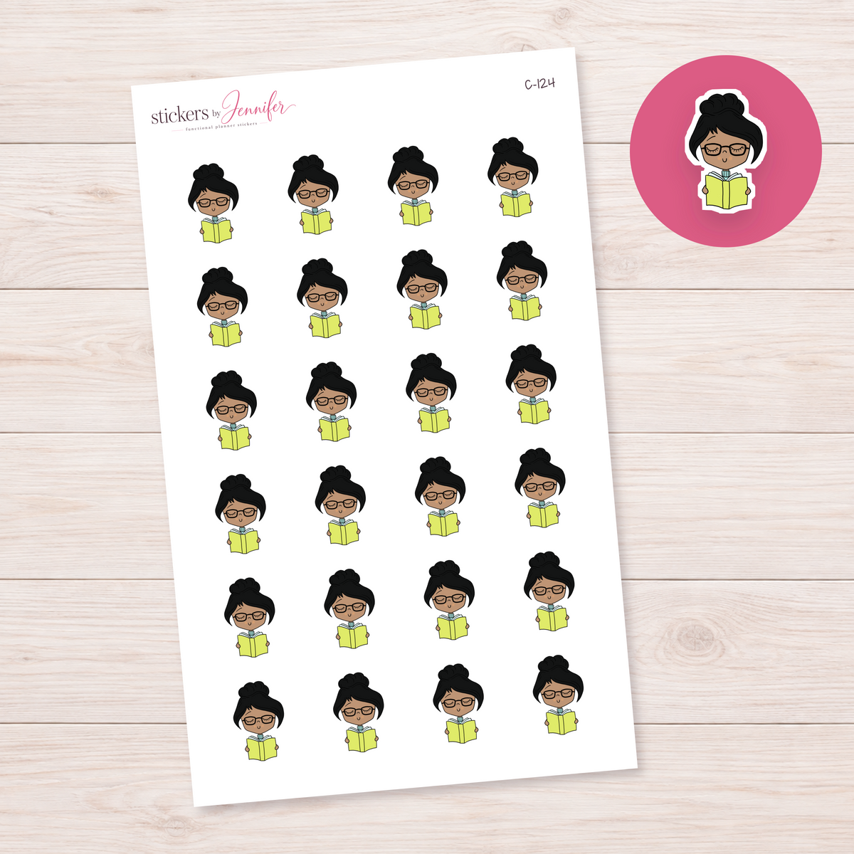 Reading Character — Black Hair Planner Stickers | C-124