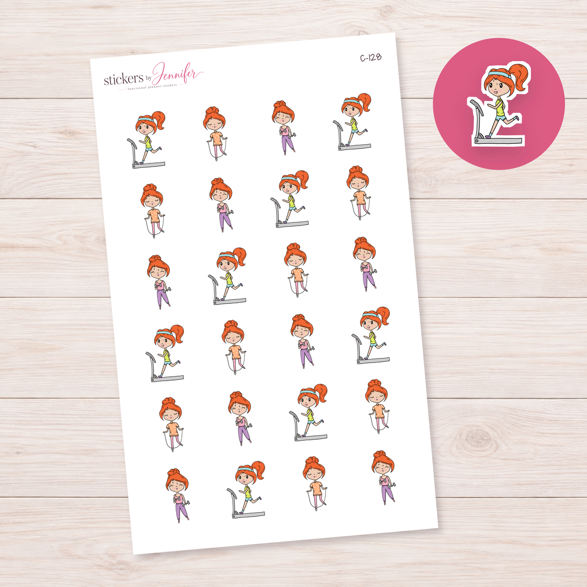 Workout Routine Character Planner Stickers — light-skin red-haired | C-128