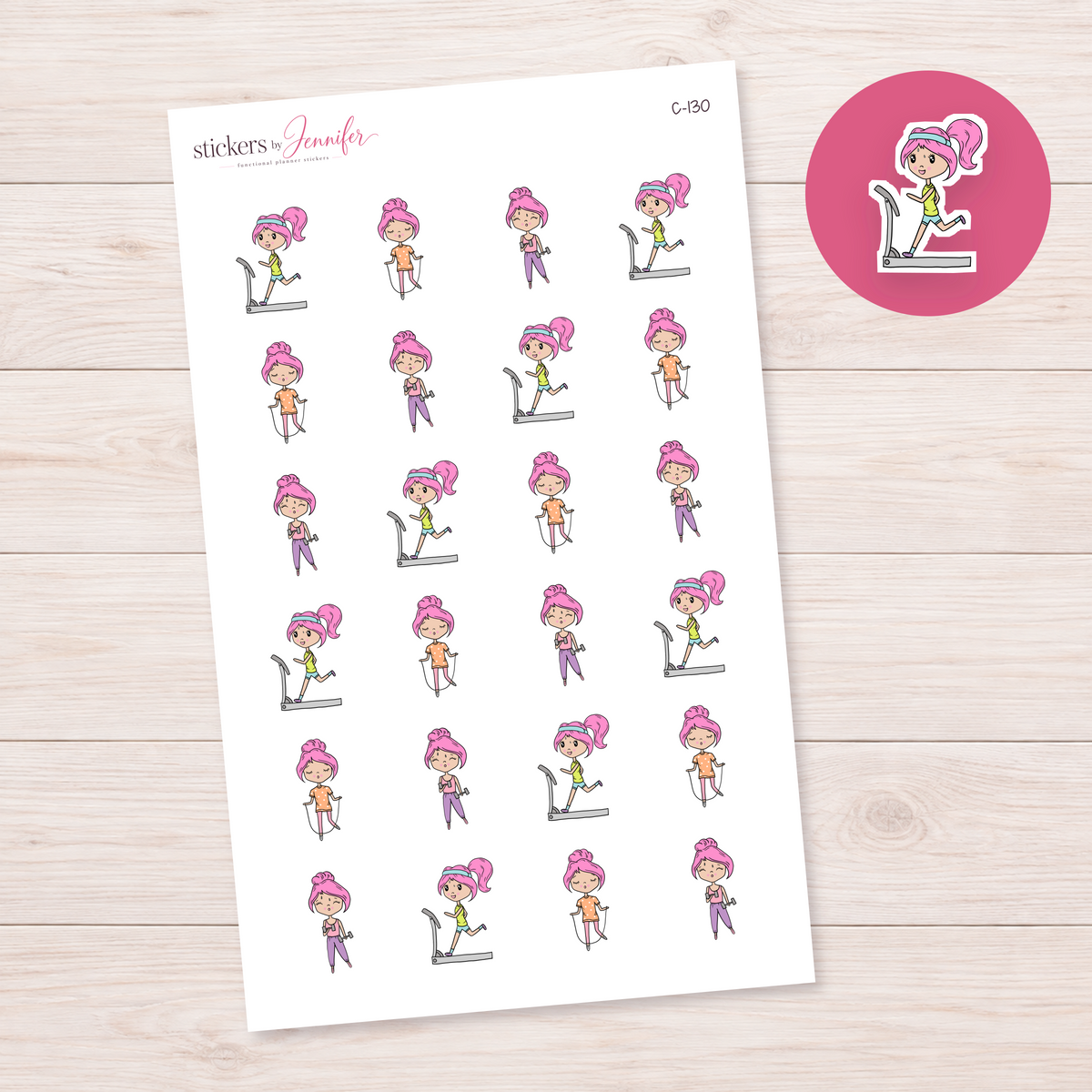 Workout Routine Character Planner Stickers — light-skin pink-haired | C-130
