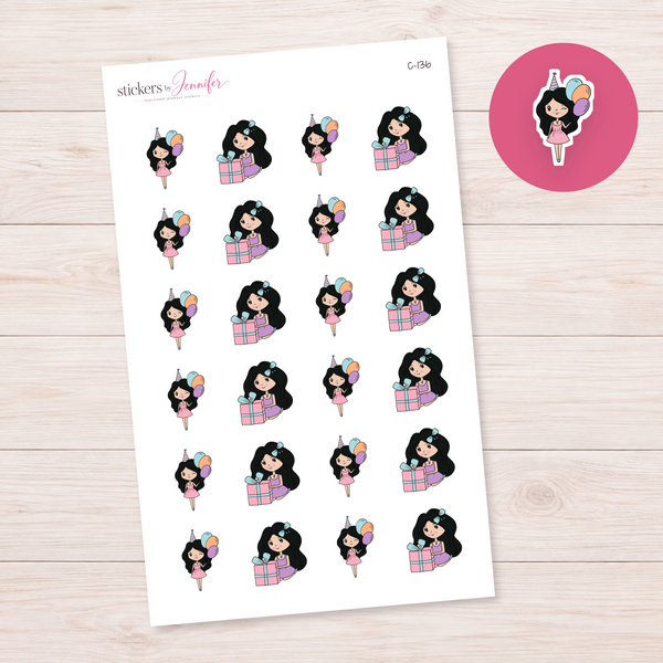 Birthday Celebration Character Planner Stickers — light-skin black-haired | C-136