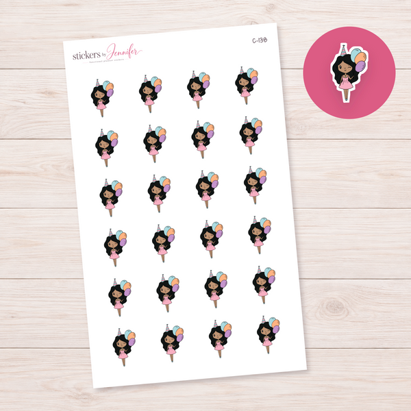 Birthday Character — Black Hair Planner Stickers | C-138