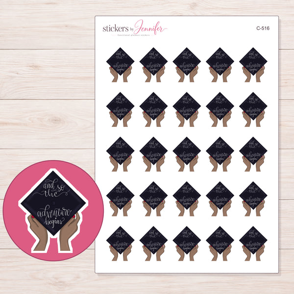 Adventure Begins Graduation Cap — Brown Skin Planner Stickers | C-516 — enlarged contour-cut detail