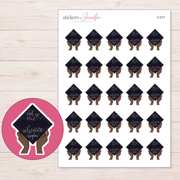 Adventure Begins Graduation Cap Planner Stickers | C-517 — enlarged contour-cut detail