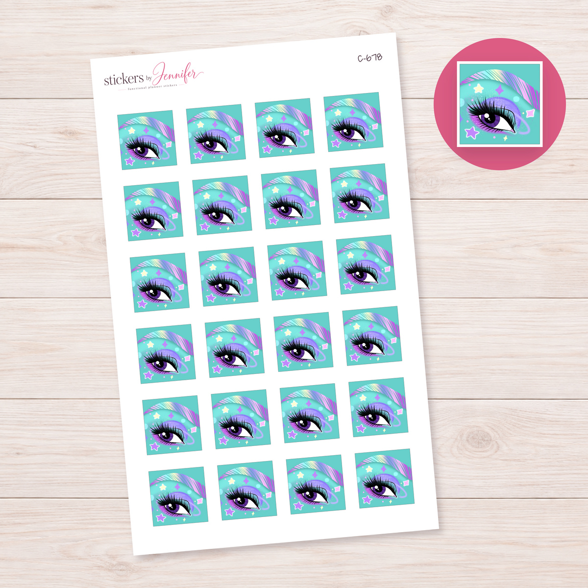 Purple Eye with Stars — Teal Background Planner Stickers | C-678
