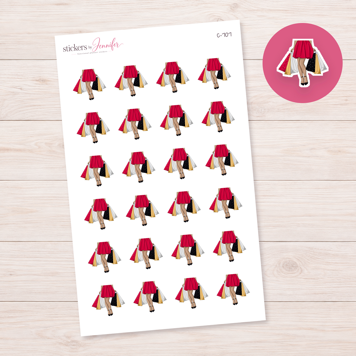 Red Dress Shopping Trip — Tan Skin Planner Stickers | C-707