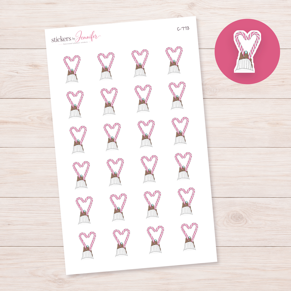 Pink Candy Cane Heart in Hand Planner Stickers | C-773