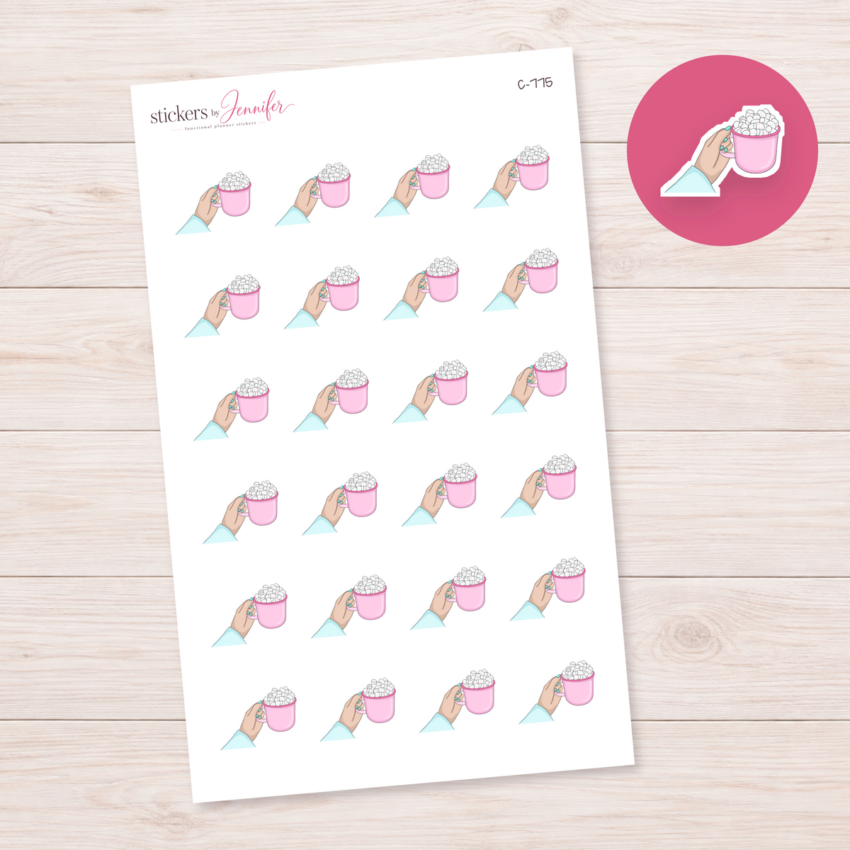 Pink Marshmallow Mug Planner Stickers | C-775