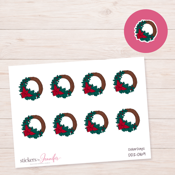 Red Poinsettia Wreath Planner Stickers | DDZ-0169