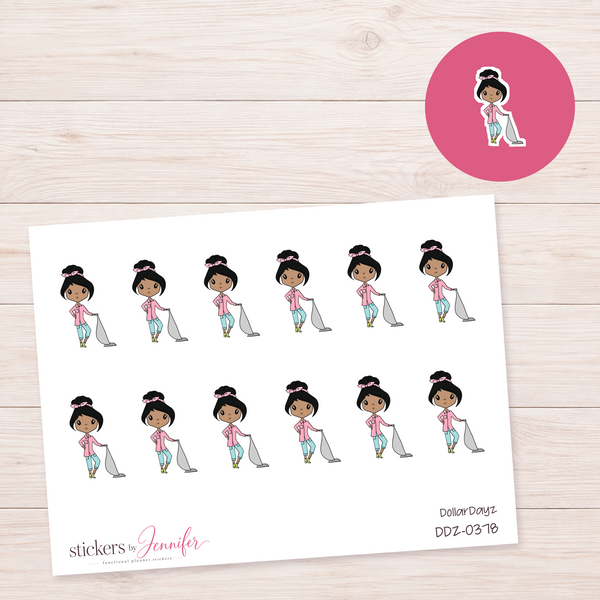 Vacuuming Character — Black Hair Planner Stickers | DDZ-0378