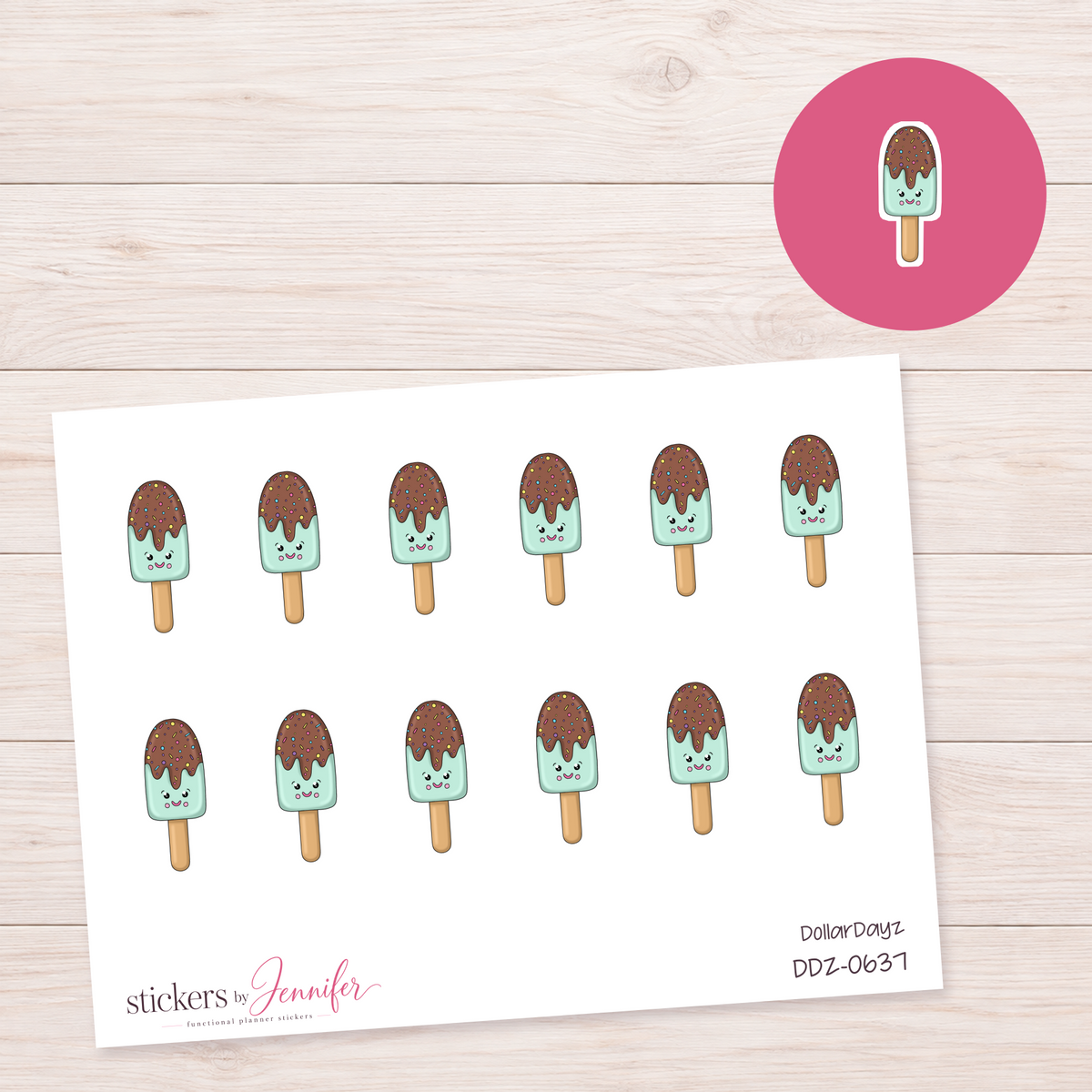 Mint Ice Pop with Pink Chocolate Planner Stickers | DDZ-0637