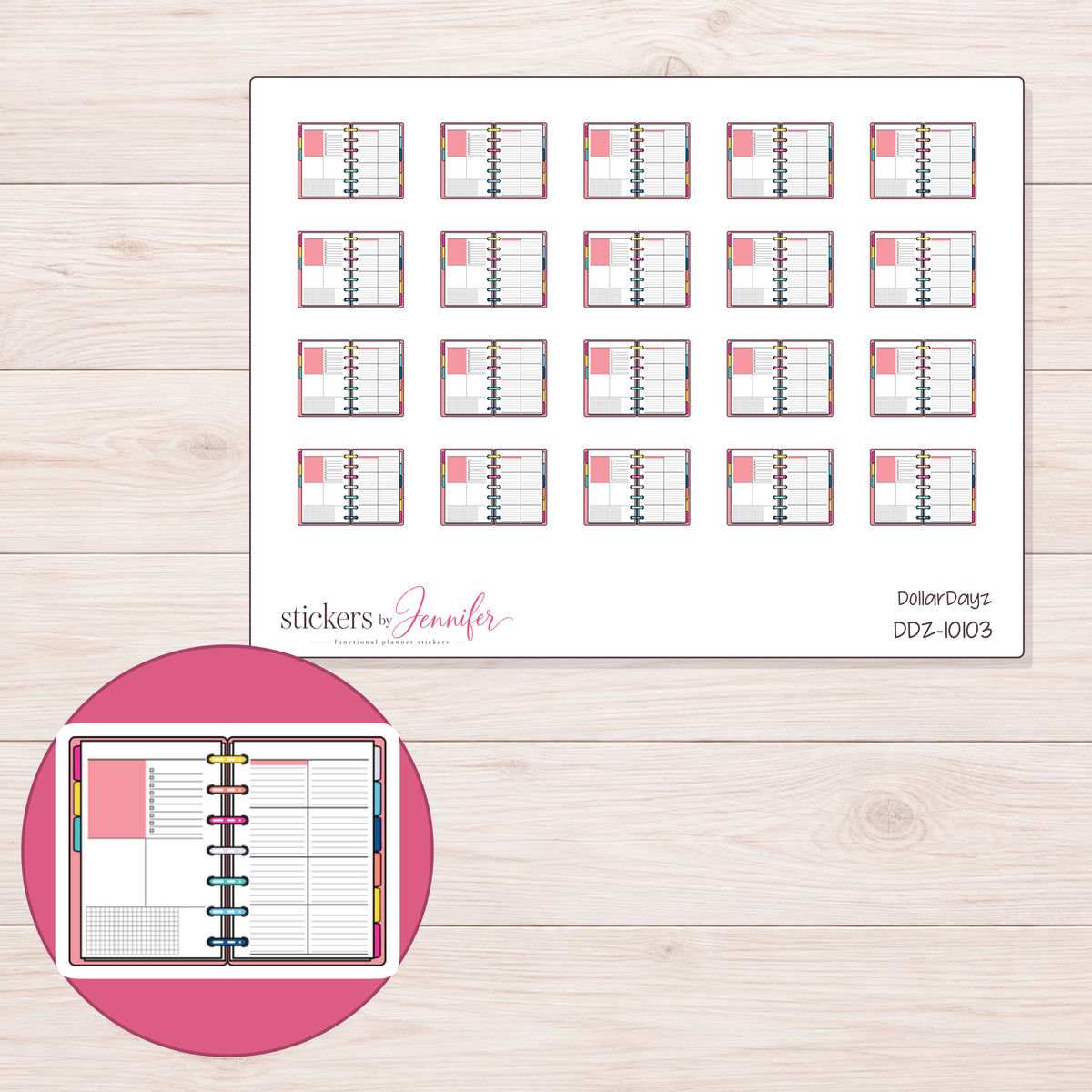 DDZ-10103 planner sticker sheet with enlarged sticker detail