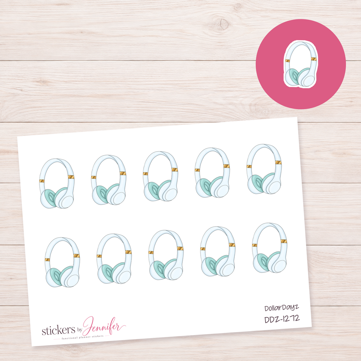 Mint and White Headphones Planner Stickers | DDZ-1272